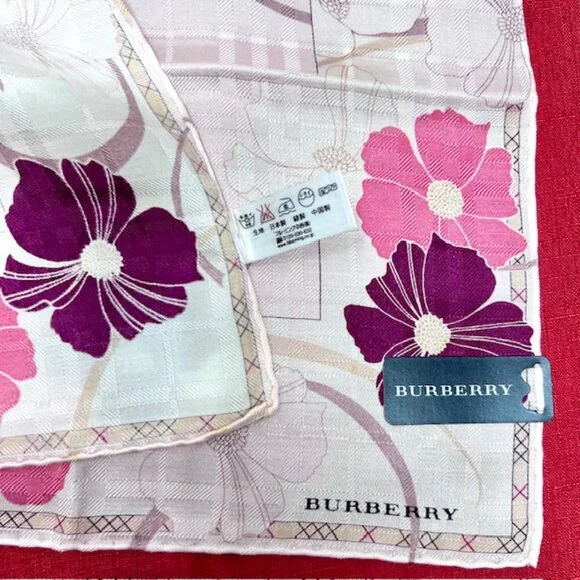 New Beautiful Burberry Scarf/Lg Handerchief silk 23" pink purole floral (33) - Picture 5 of 5